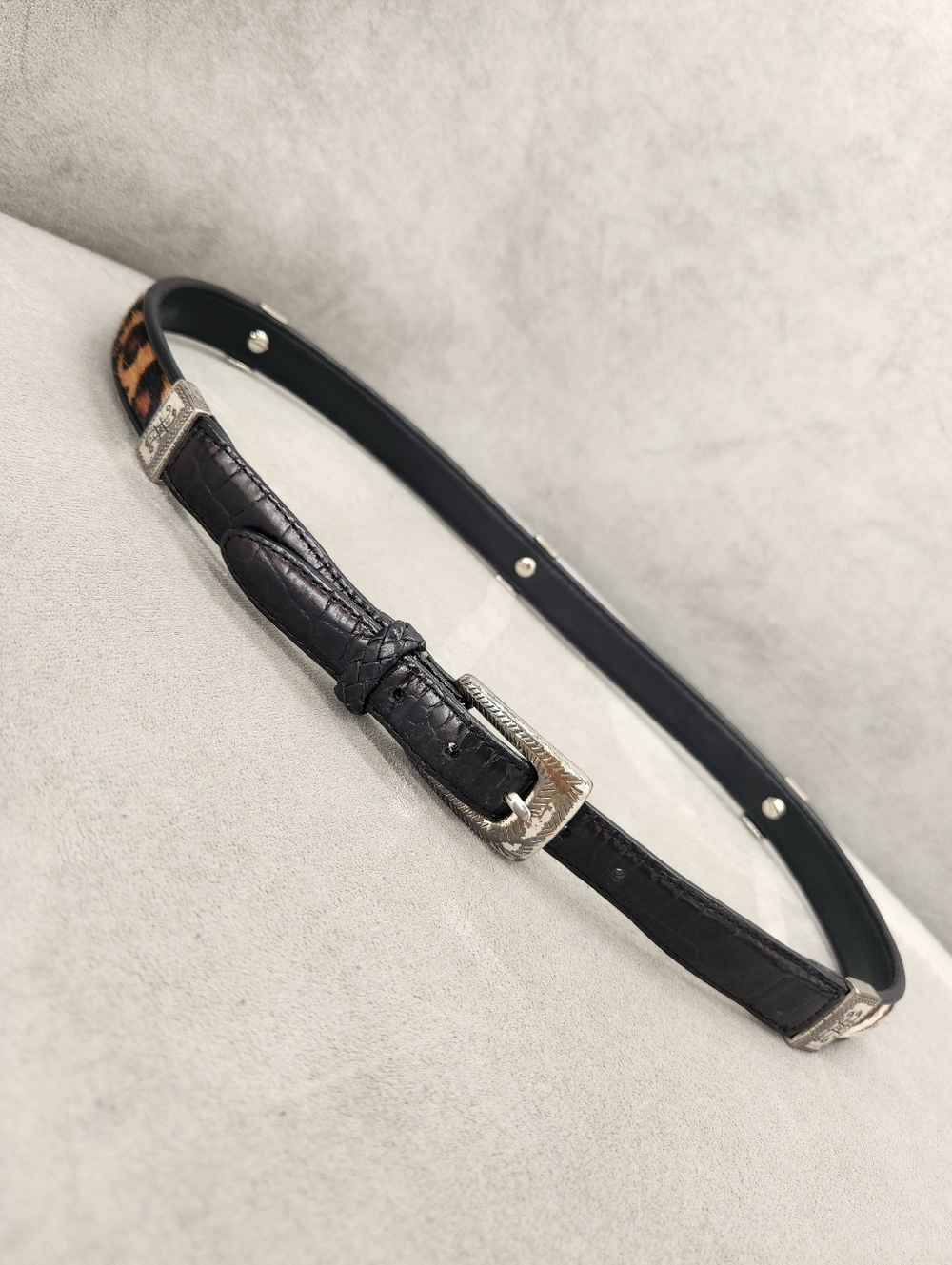 Vintage Brighton Belt Women's 32 Black Leather Colorblock Animal Print Croc - Picture 2 of 13